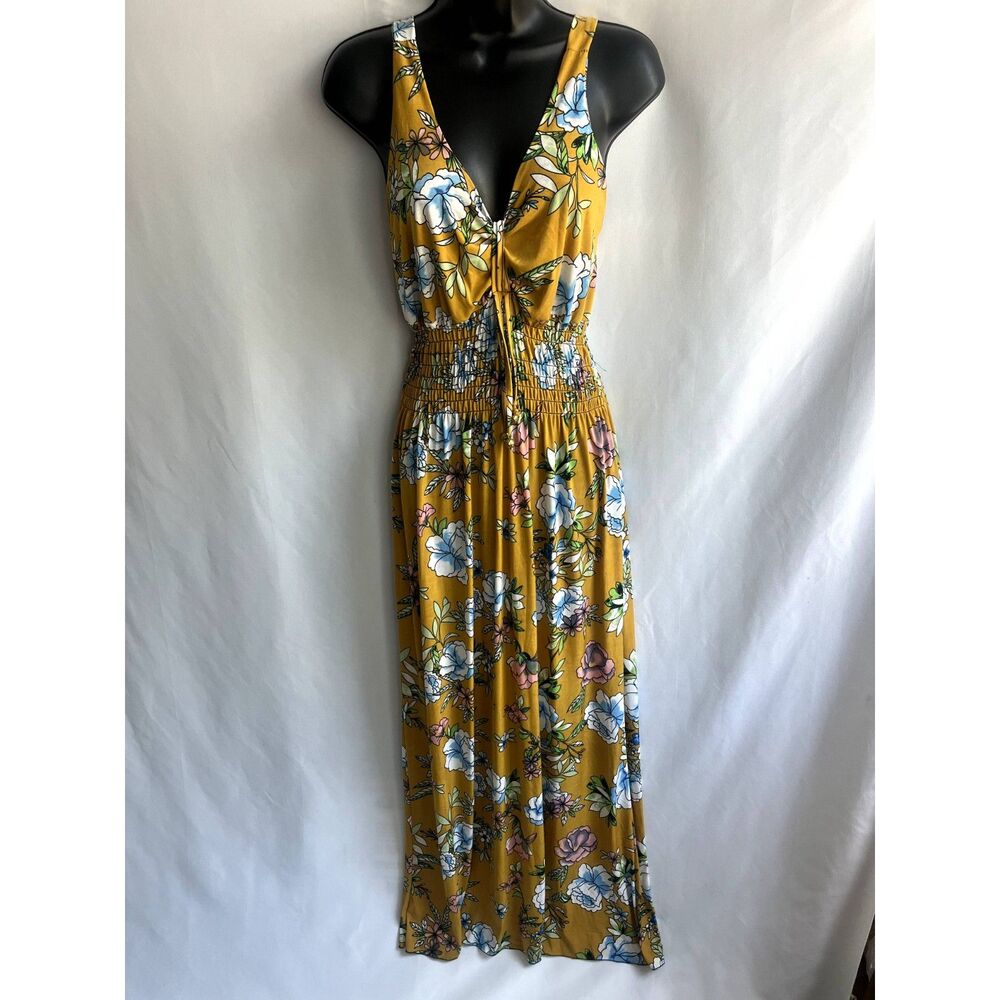 Maxi Yellow Floral Dress S/M Smocked Waist Flowy Feminine Blue Flowers Girly